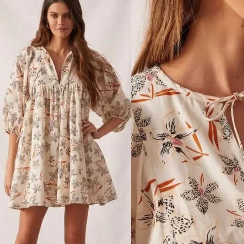 Anthropologie Caballero White and Orange Smocked Mini Sundress with Tie Front